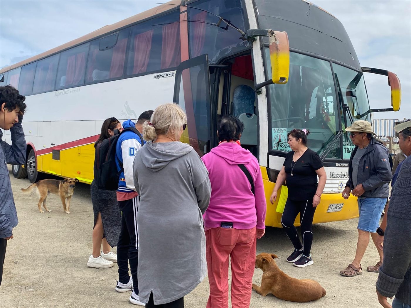 Grupo de adultos mayores junto al bus TransKadise